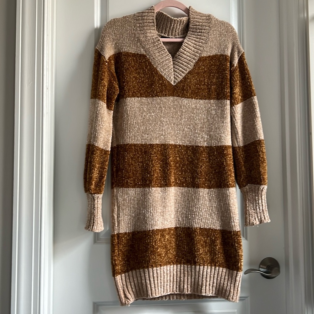 Solutions, small brown, and beige sweater dress.